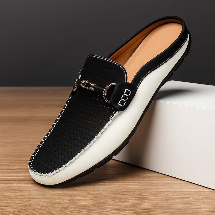 Stylish women's slip-on backless mules in perforated leather, ideal for everyday casual wear