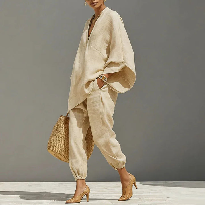 Relaxed fit batwing sleeve lounge set for women, a comfortable and chic summer casual outfit.