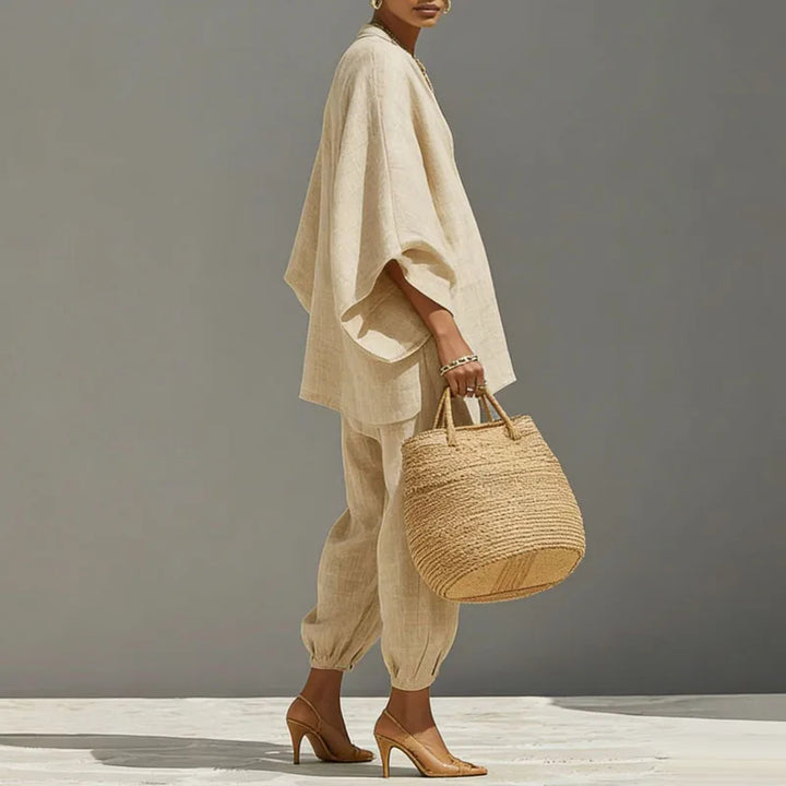 Soft women's two-piece set with generous batwing sleeves and tapered pants for ultimate comfort.