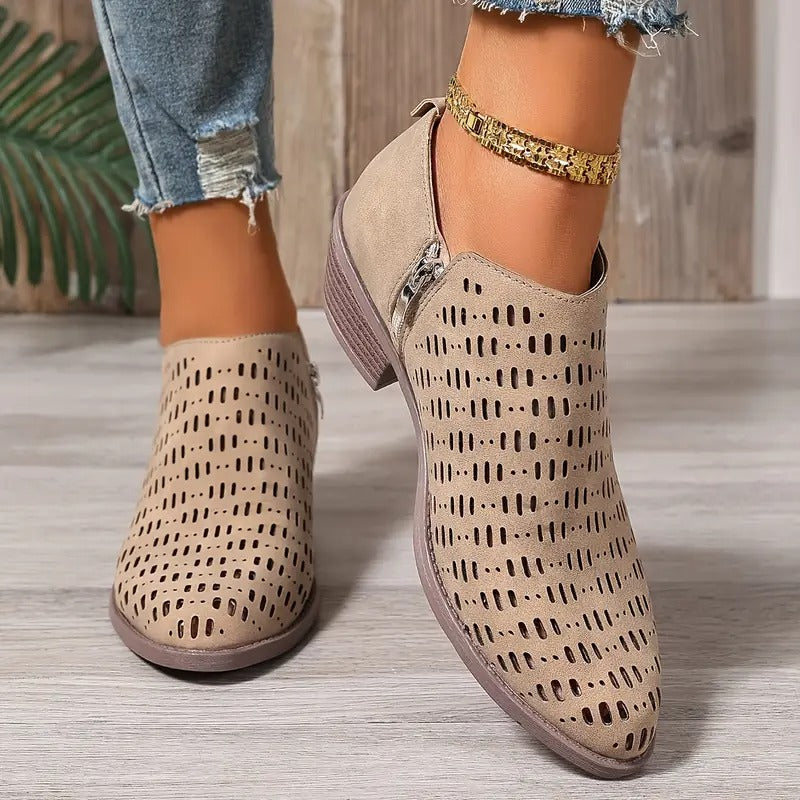 Women's beige casual cutout ankle boots, perfect for summer and spring fashion, with comfortable perforated design