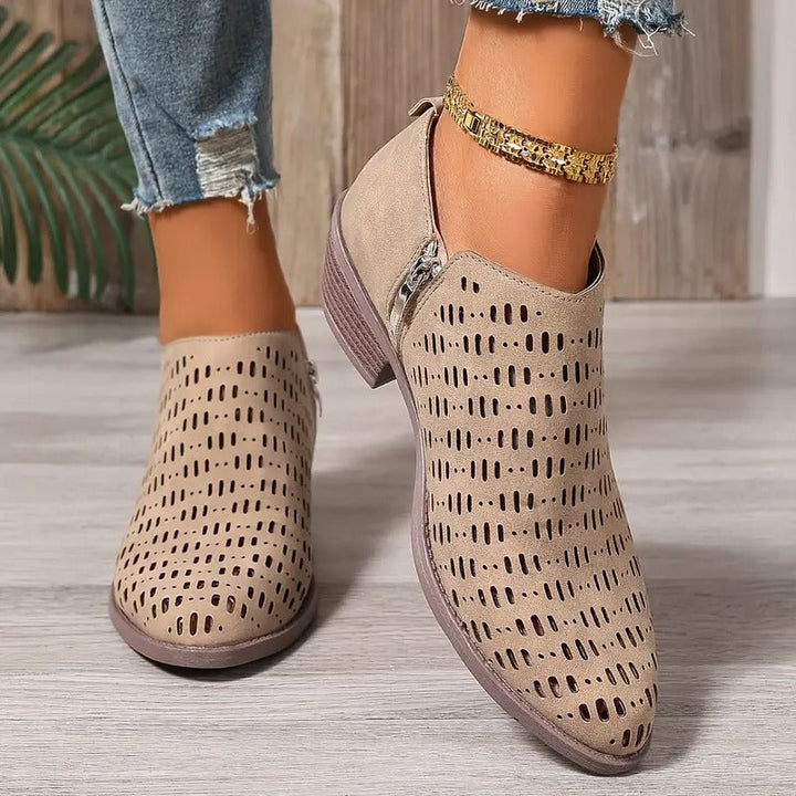 Women's beige casual cutout ankle boots, perfect for summer and spring fashion, with comfortable perforated design