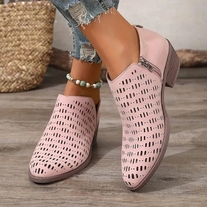 Women's ankle boots with cutout accents, available in beige, brown, and pink, ideal for casual spring and summer wear