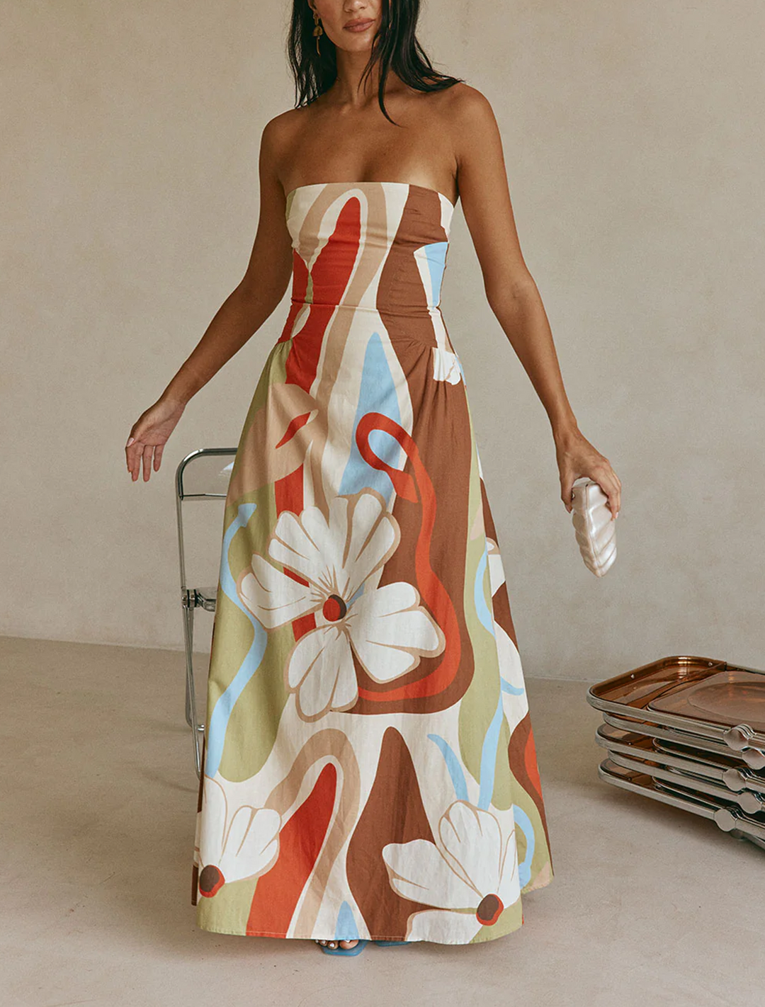 Women's beige floral strapless maxi dress, perfect for summer resort and vacation wear.