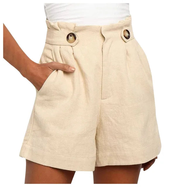 Women's beige high waist wide leg summer shorts, perfect for casual wear, vacation, and everyday style.