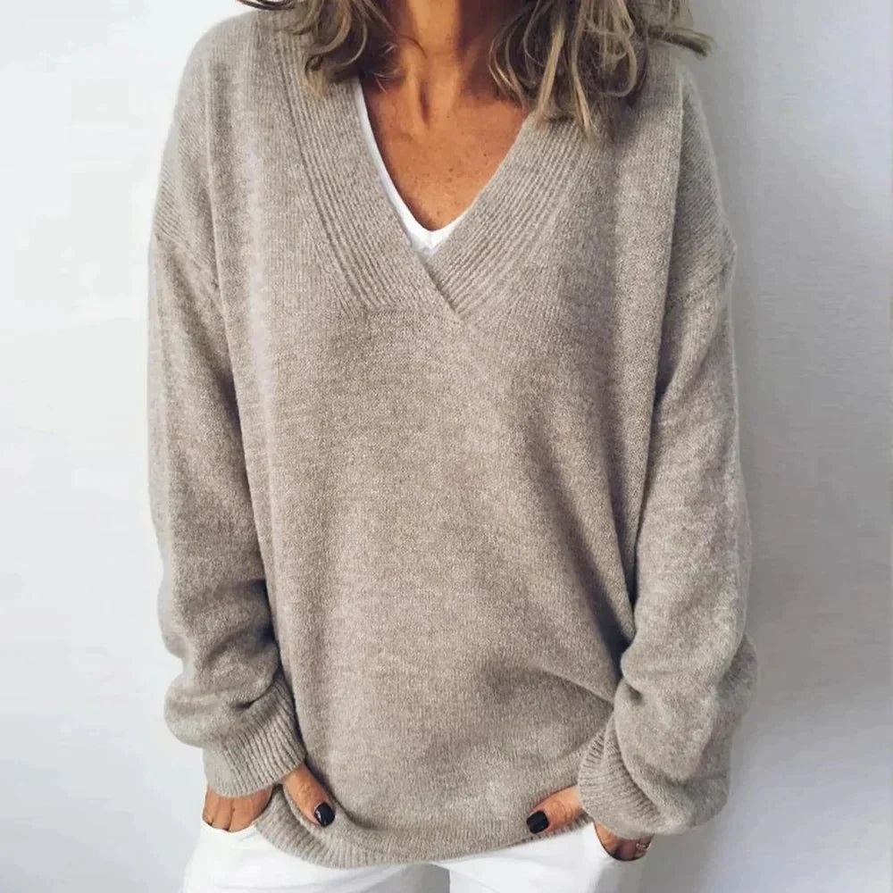 Women's beige V-neck knit sweater, long sleeve, for spring fashion & casual layering