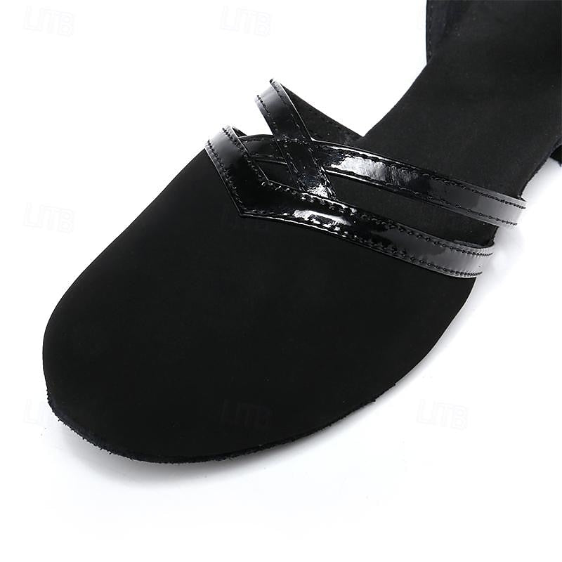 Close-up of women's black ankle strap dance shoe, showcasing the adjustable strap for a secure and comfortable fit.