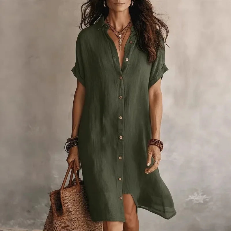 Versatile green button-front midi dress for women, with short sleeves, ideal for relaxed casual wear.
