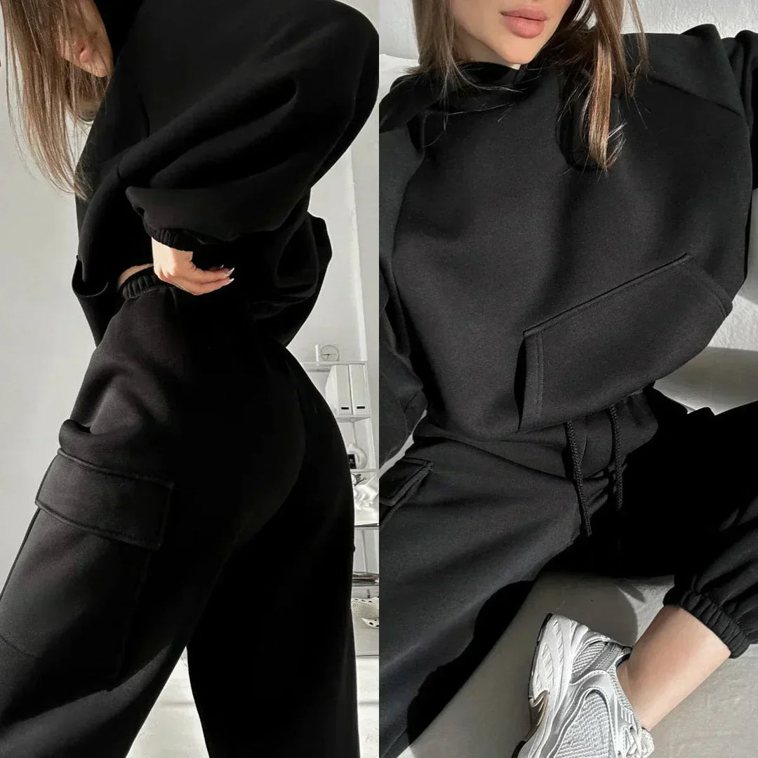 Comfortable women's fashion: cargo pocket hoodie and matching jogger pants set