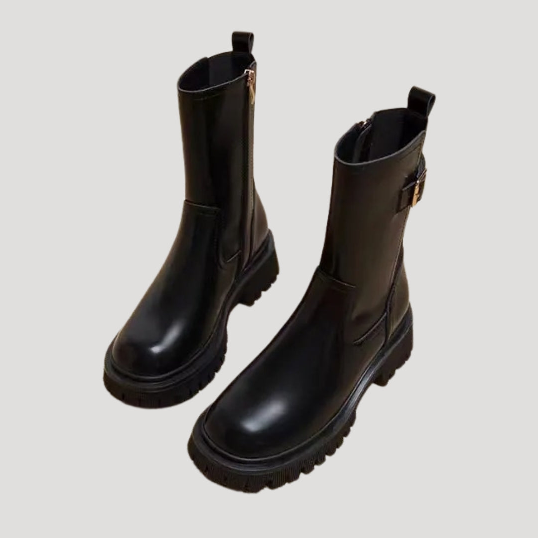 Women's black chunky mid-calf boots, perfect for spring casual wear and everyday fashion.