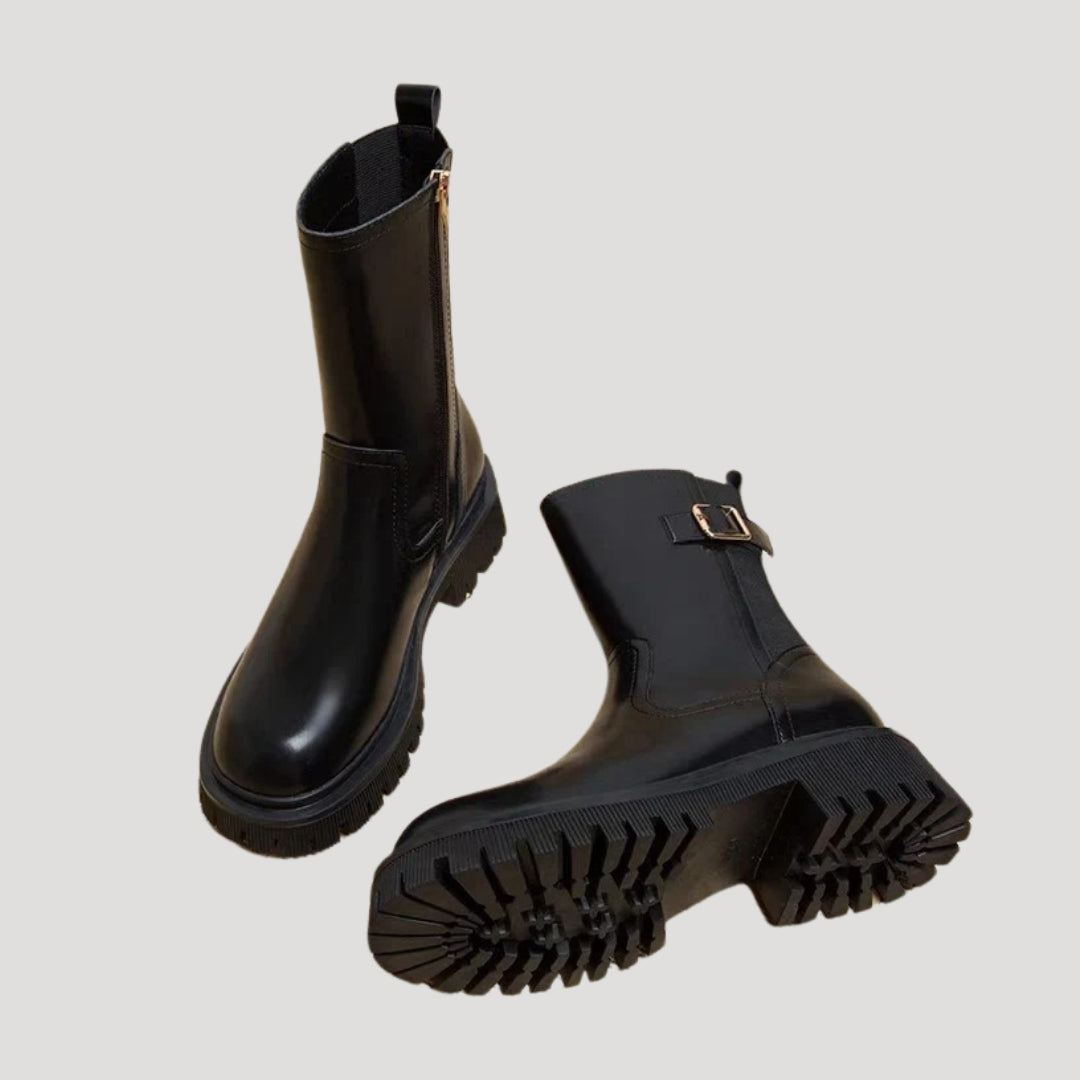 Trendy black chunky mid-calf boots for women, designed for spring casual and fashion use.