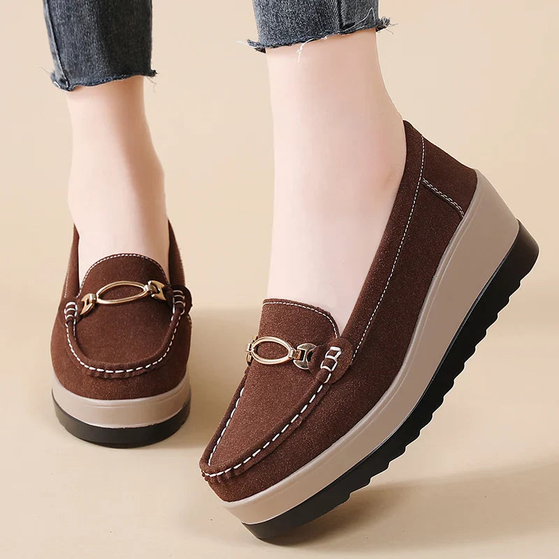 Detail of the platform sole on women's comfort loafers, showing its shock-absorbing quality