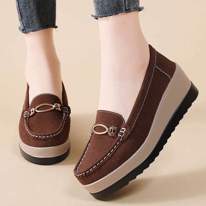 Detail of the platform sole on women's comfort loafers, showing its shock-absorbing quality
