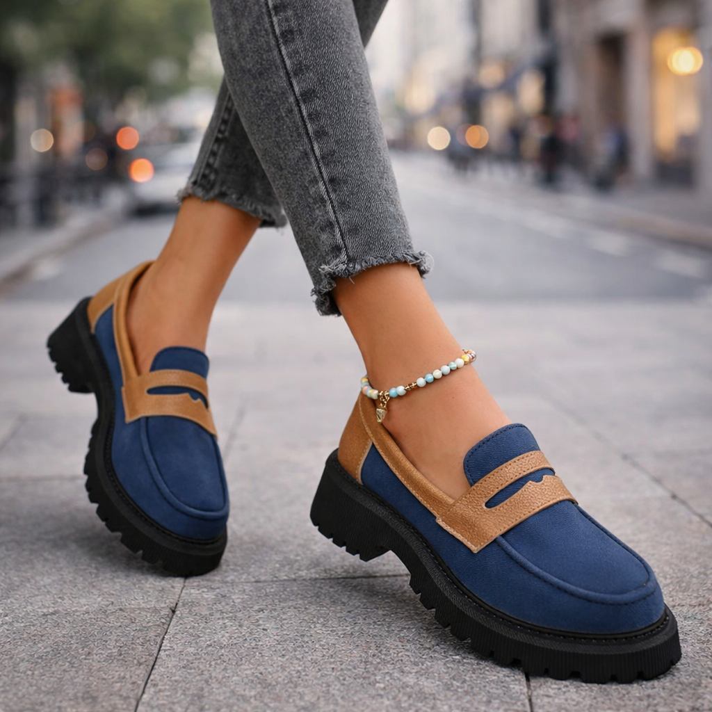 Women's black comfort platform loafers with orthopedic insole, slip-on casual shoes