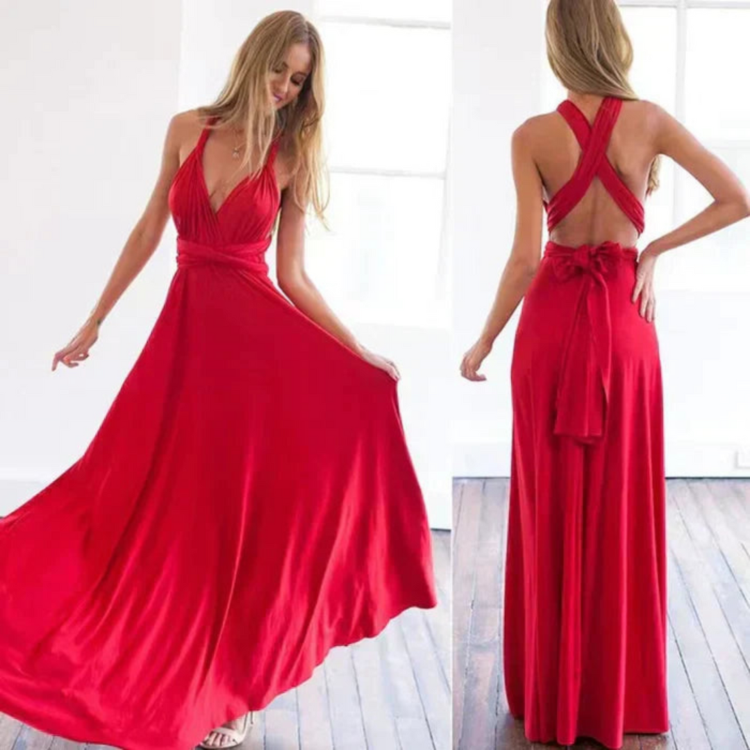 Women's black convertible backless maxi dress, elegant for evening wear & summer parties.
