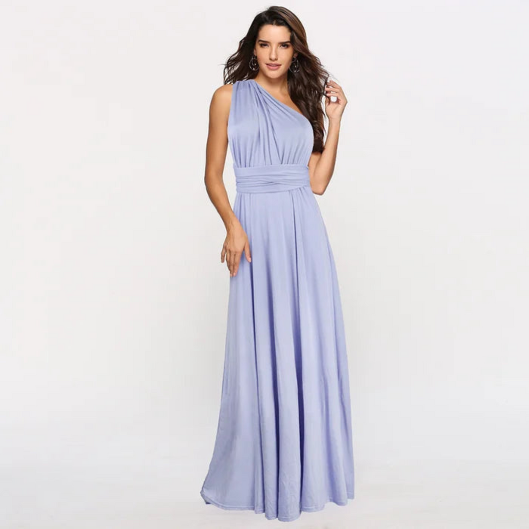 Stylish women's long backless dress for adaptable fashion, great for weddings & evening wear.