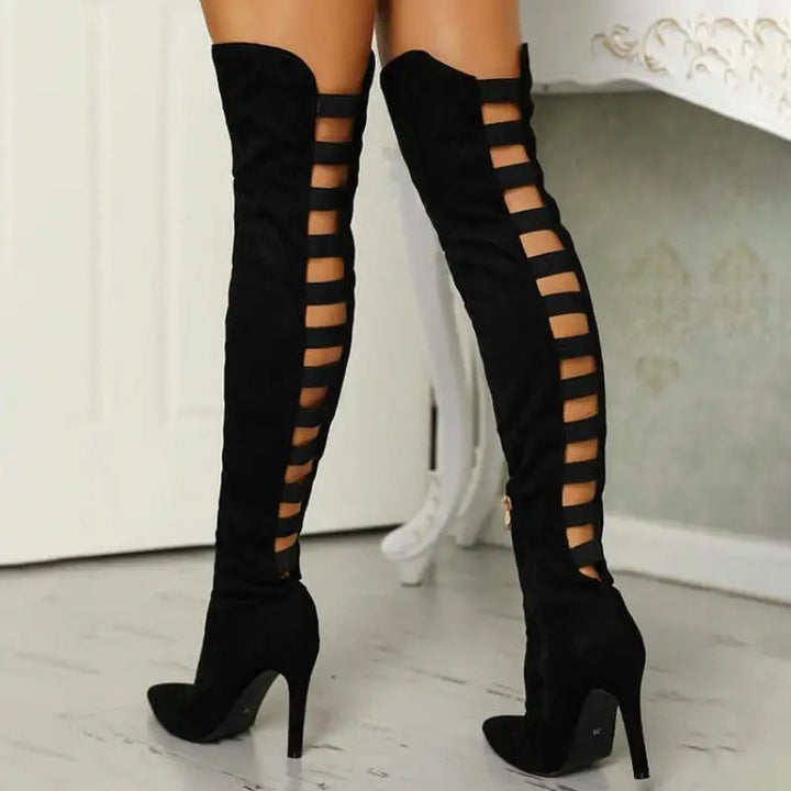 Women's black cutout over-the-knee high heel boots for evening wear