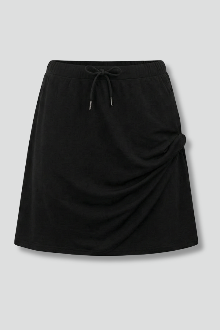 Women's black drawstring skort with built-in shorts for active comfort & versatile summer wear.