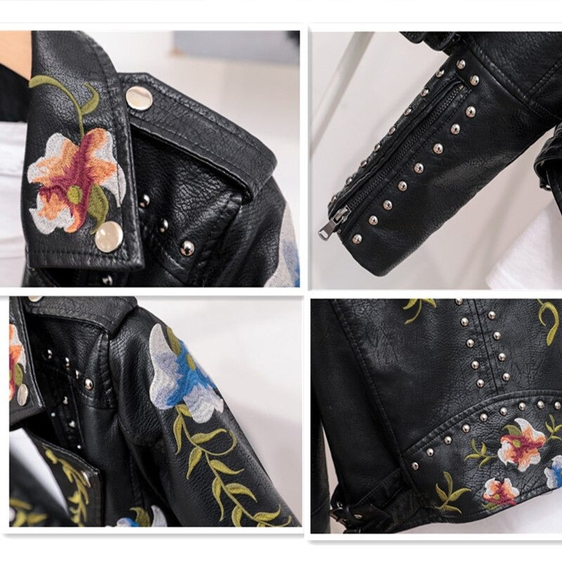 Embroidered women's biker jacket, "Eleonora", featuring a chic floral design and edgy studded details.