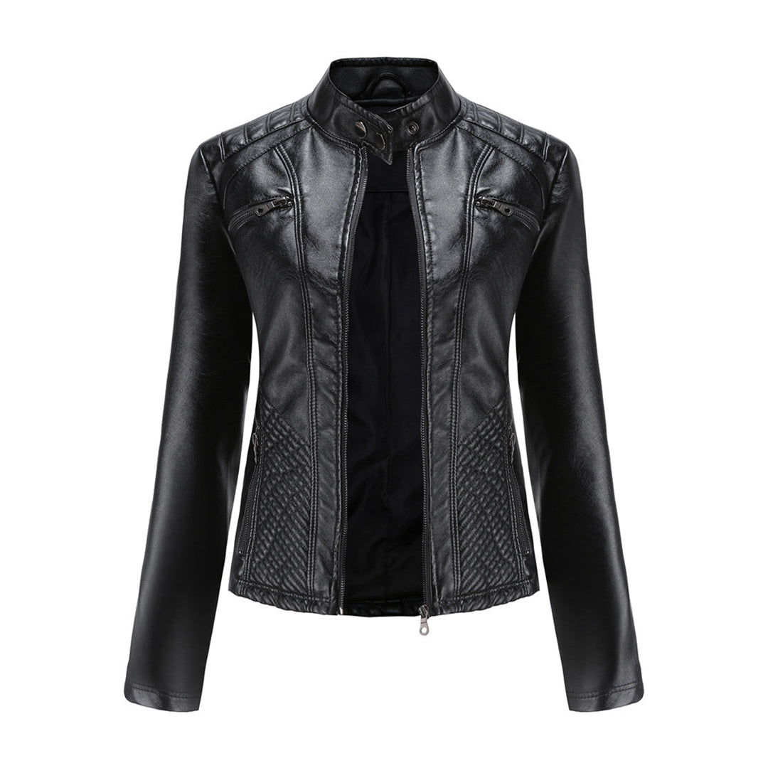 Women's black faux leather biker jacket with silver zip-up closure and quilted details for an edgy style.