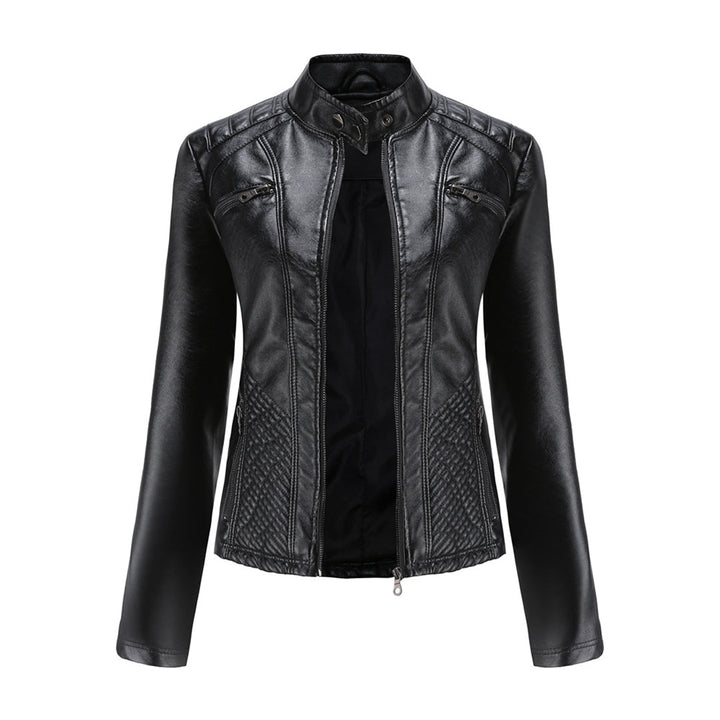 Women's black faux leather biker jacket with silver zip-up closure and quilted details for an edgy style.