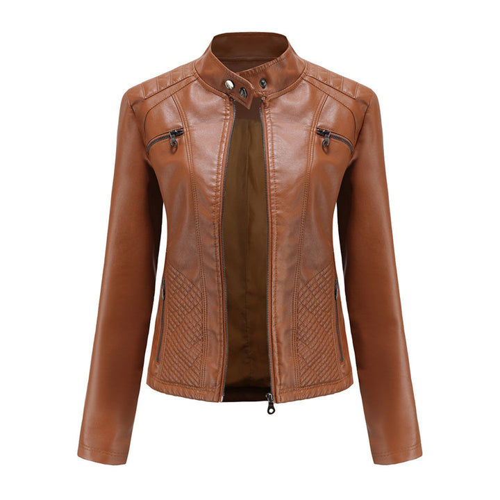 Sleek black faux leather jacket for women, designed with a zip-up front and classic biker styling.