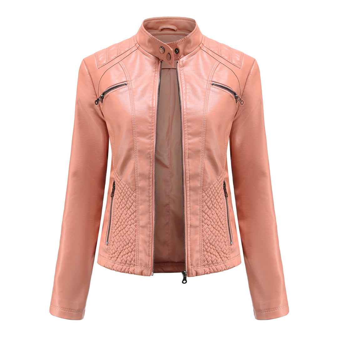 Stylish women's outerwear: a black faux leather zip-up jacket with biker-inspired design elements.