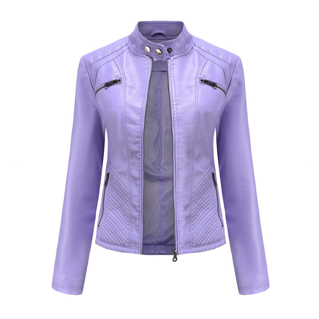 Black faux leather jacket for women with a contemporary zip-up closure, embodying an edgy biker style.
