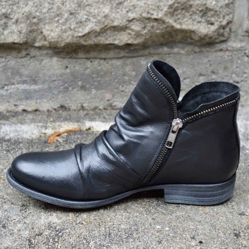 Women's black leather ankle boots, stylish autumn footwear for casual and versatile wear.