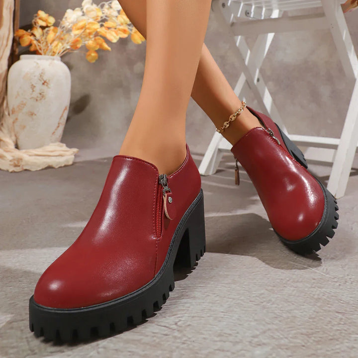 Stylish women's rich brown leather block heel dress shoes and comfortable footwear
