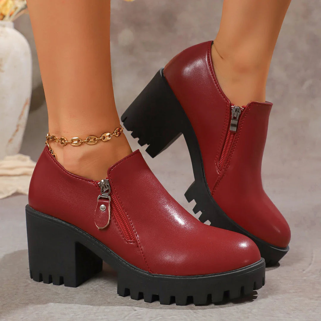 Elegant women's leather block heel shoes in a neutral versatile color for fashion