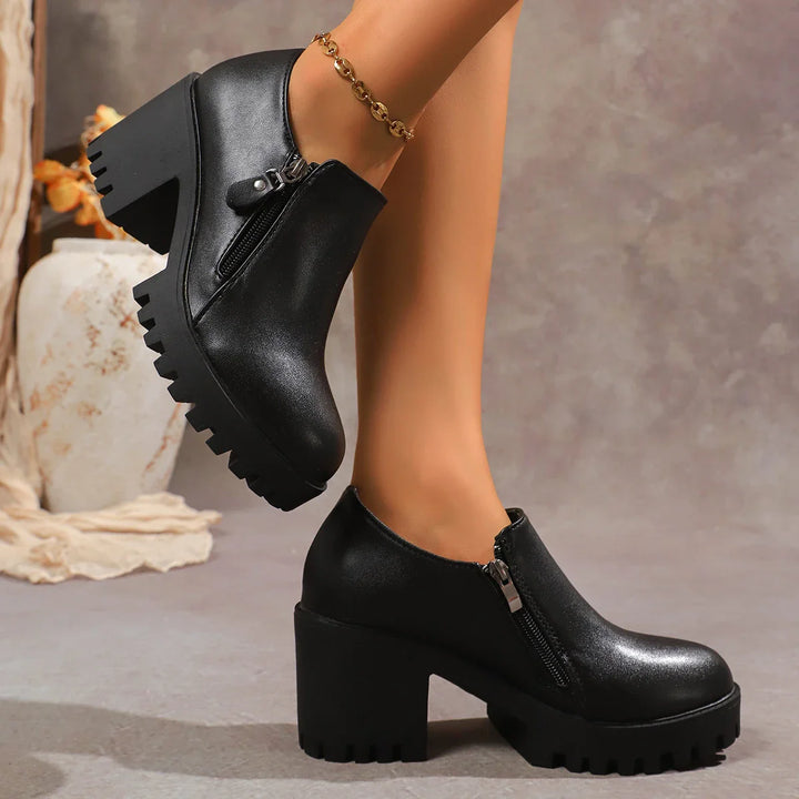 Comfortable women's leather block heel dress shoes with a cushioned insole