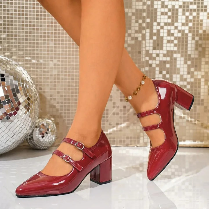 Women's dressy block heel pumps, crafted from high-quality leather with buckles