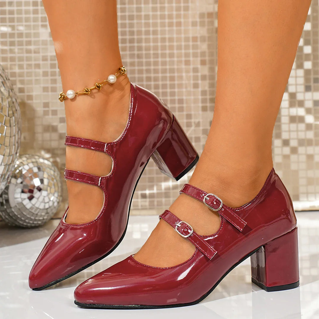 Top-down view of women's dual buckle block heel pumps, fashionable footwear