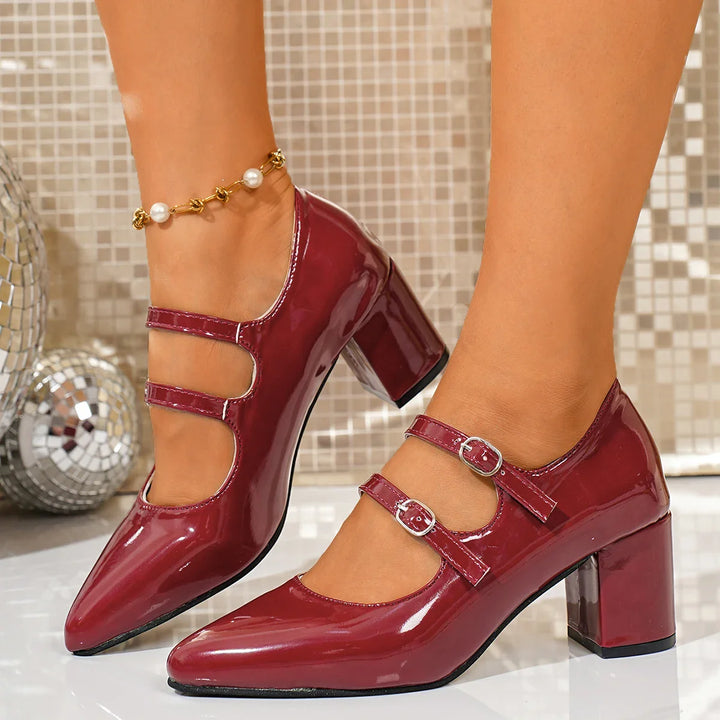 Top-down view of women's dual buckle block heel pumps, fashionable footwear