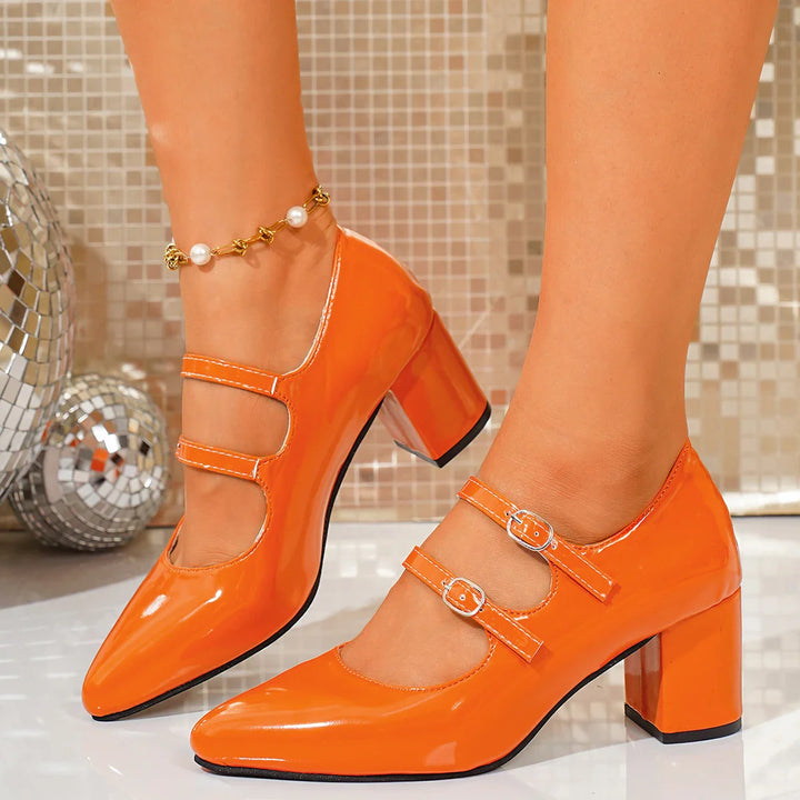 Women's black leather pumps with buckle straps, versatile work and fashion heels
