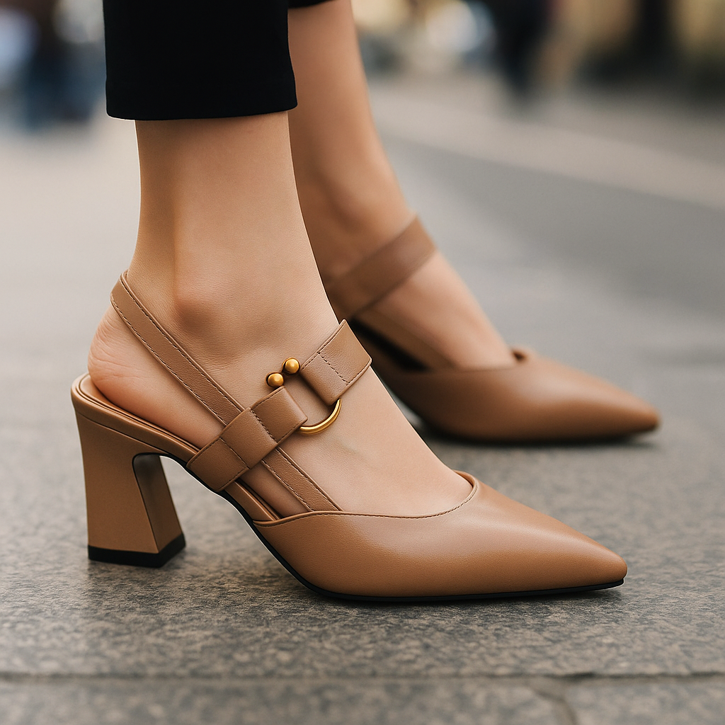 Chic women's block heel pumps in black with a distinctive gold ring detail.
