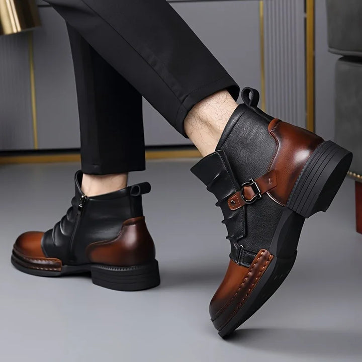 Close-up of the sole and heel of women's black leather buckle ankle boots