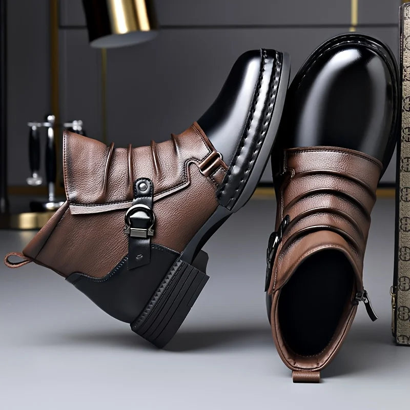 Classic black leather ankle boots with modern buckle design for women's autumn style