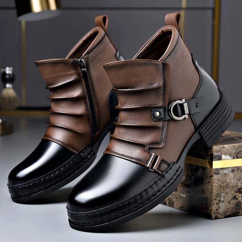 Elegant women's black buckle ankle boots with a comfortable low heel, studio shot