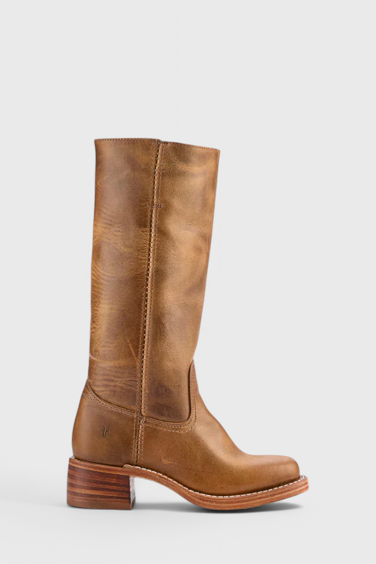 Women's black leather boots, knee-high with a comfortable block heel, for all-day wear.