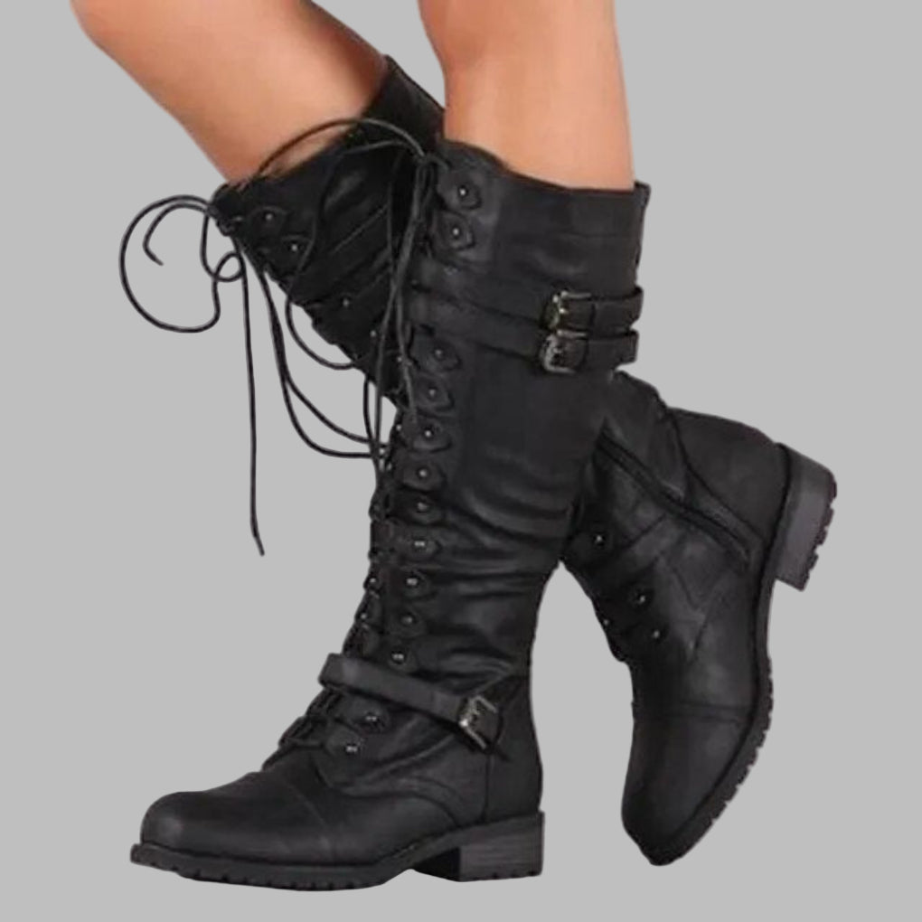 Women's black leather lace-up combat boots, insulated for winter, durable fashion ankle footwear