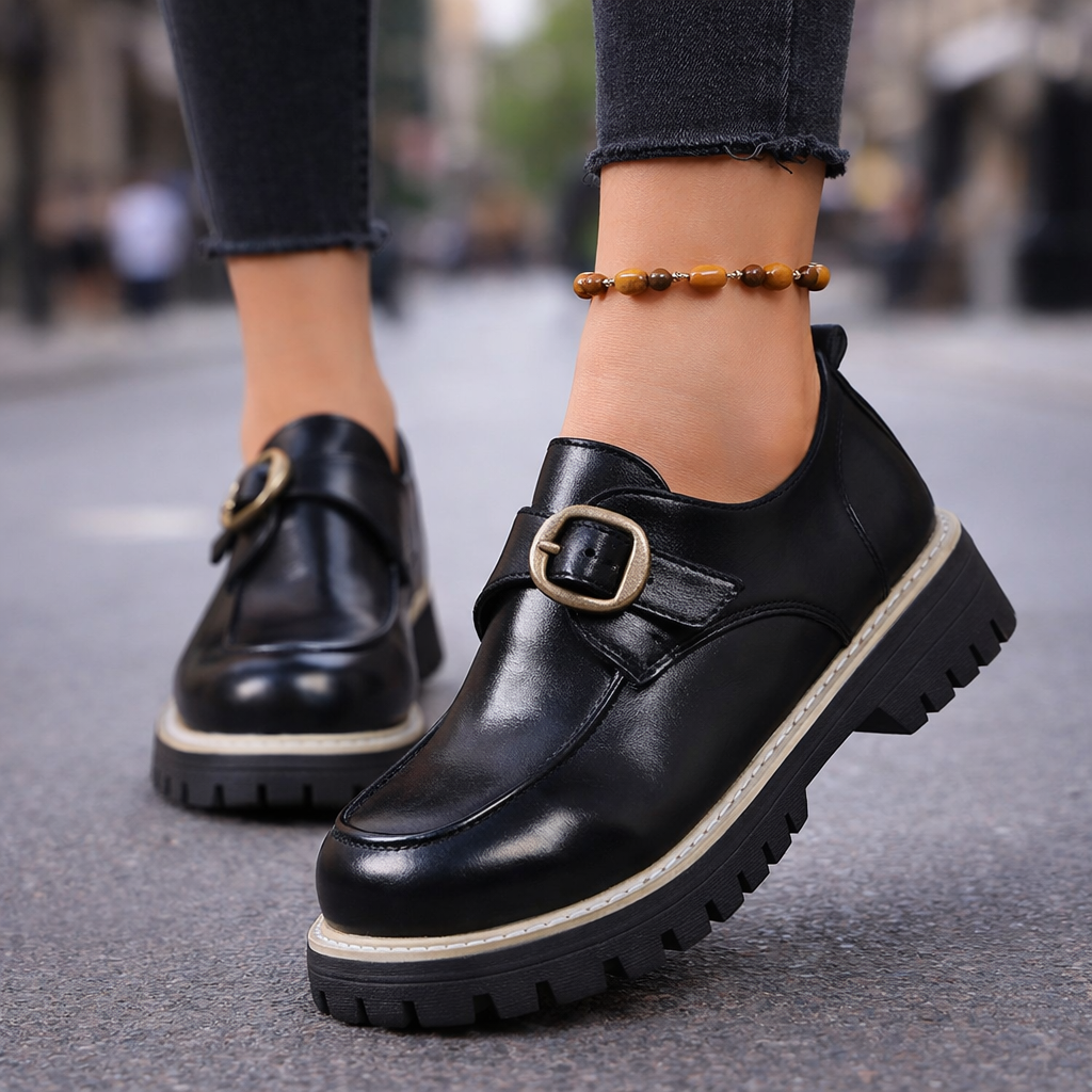 Classic women's leather loafers featuring a prominent buckle, perfect for casual or dress wear.