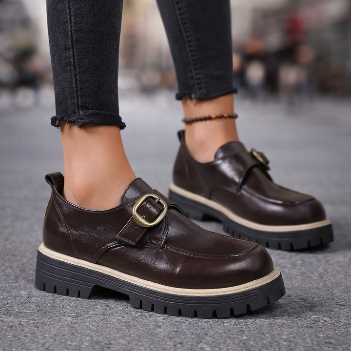Comfortable women's buckle leather loafers, ideal for fall and winter fashion.