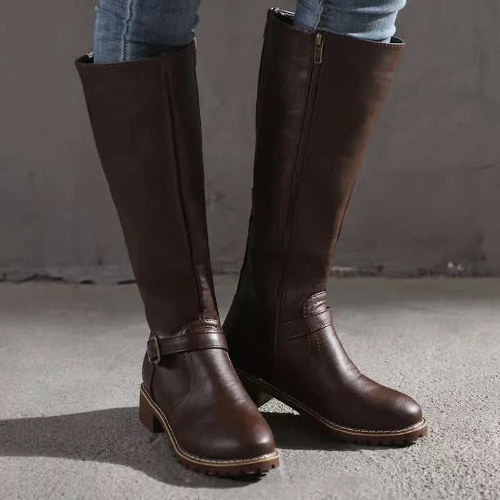 Premium brown leather tall orthopedic boots for women, excellent comfort, ideal fashion footwear.