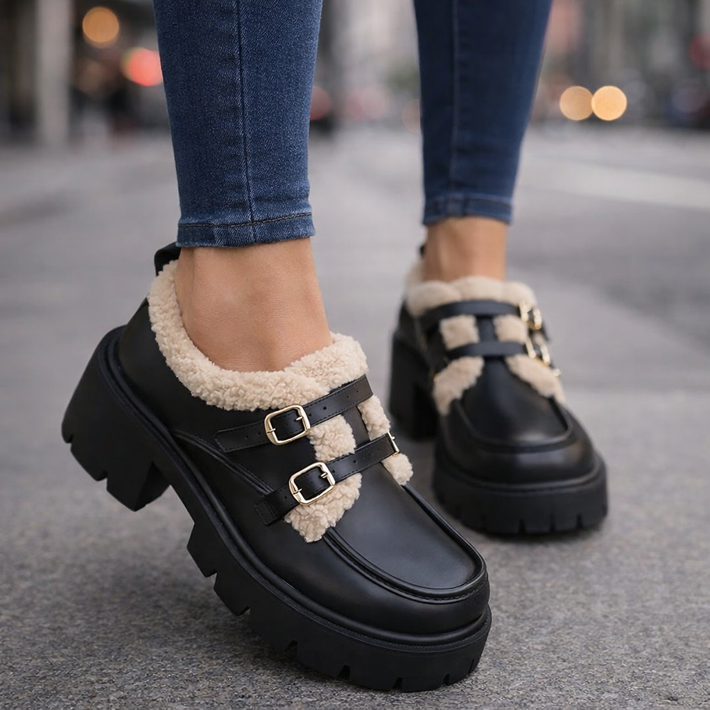 Close-up of the buckle detail on women's black leather platform shoes, a stylish footwear choice