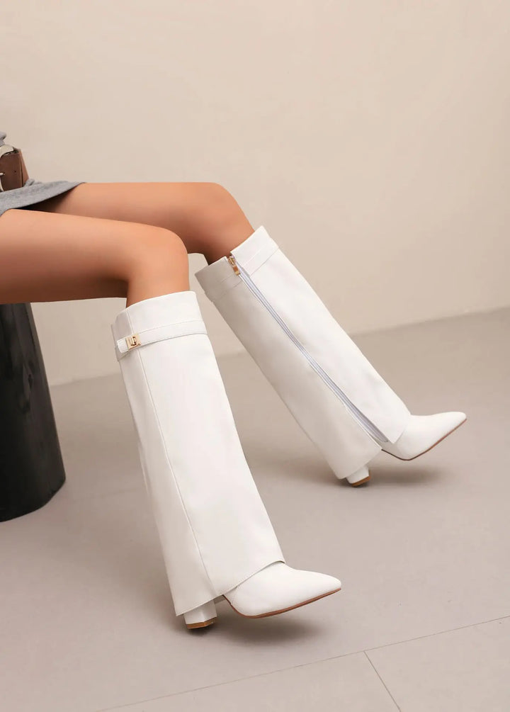 Detailed shot of the supple leather on women's thigh-high comfort boots