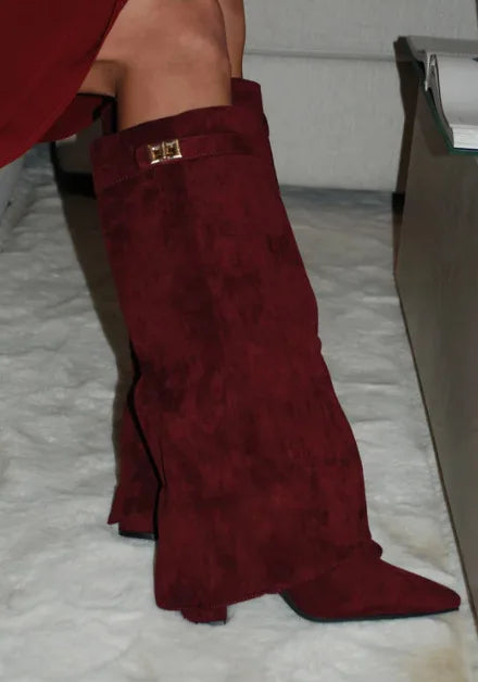 Versatile women's black leather thigh-high boots with buckle, front view