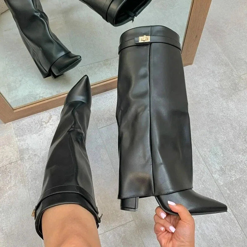 Side profile of women's fashion leather thigh-high boots with adjustable buckle
