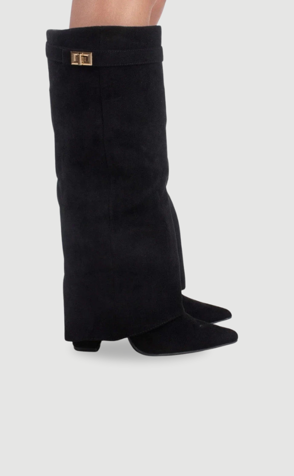 Women's black leather thigh-high boots with elegant buckle detail, perfect for winter fashion.