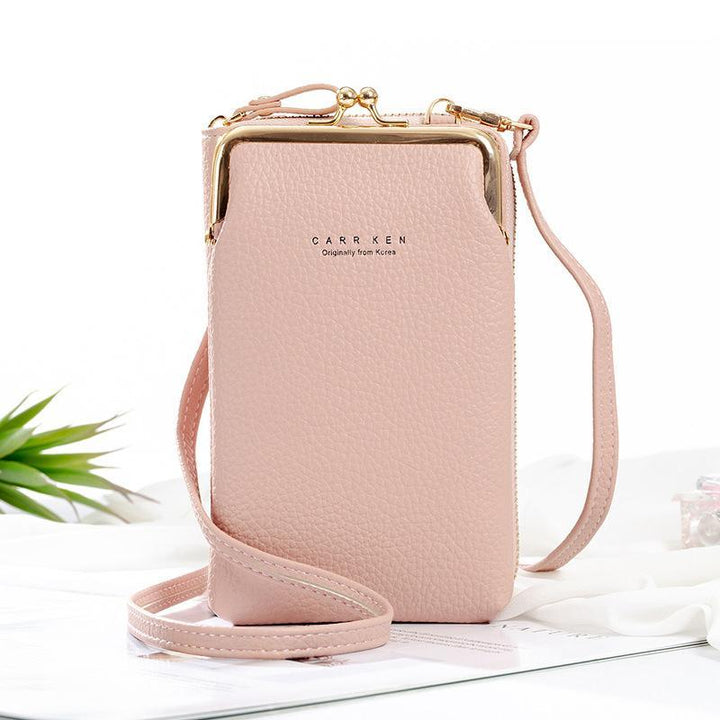 Side profile of the black PU leather women's mini phone bag, highlighting its compact size